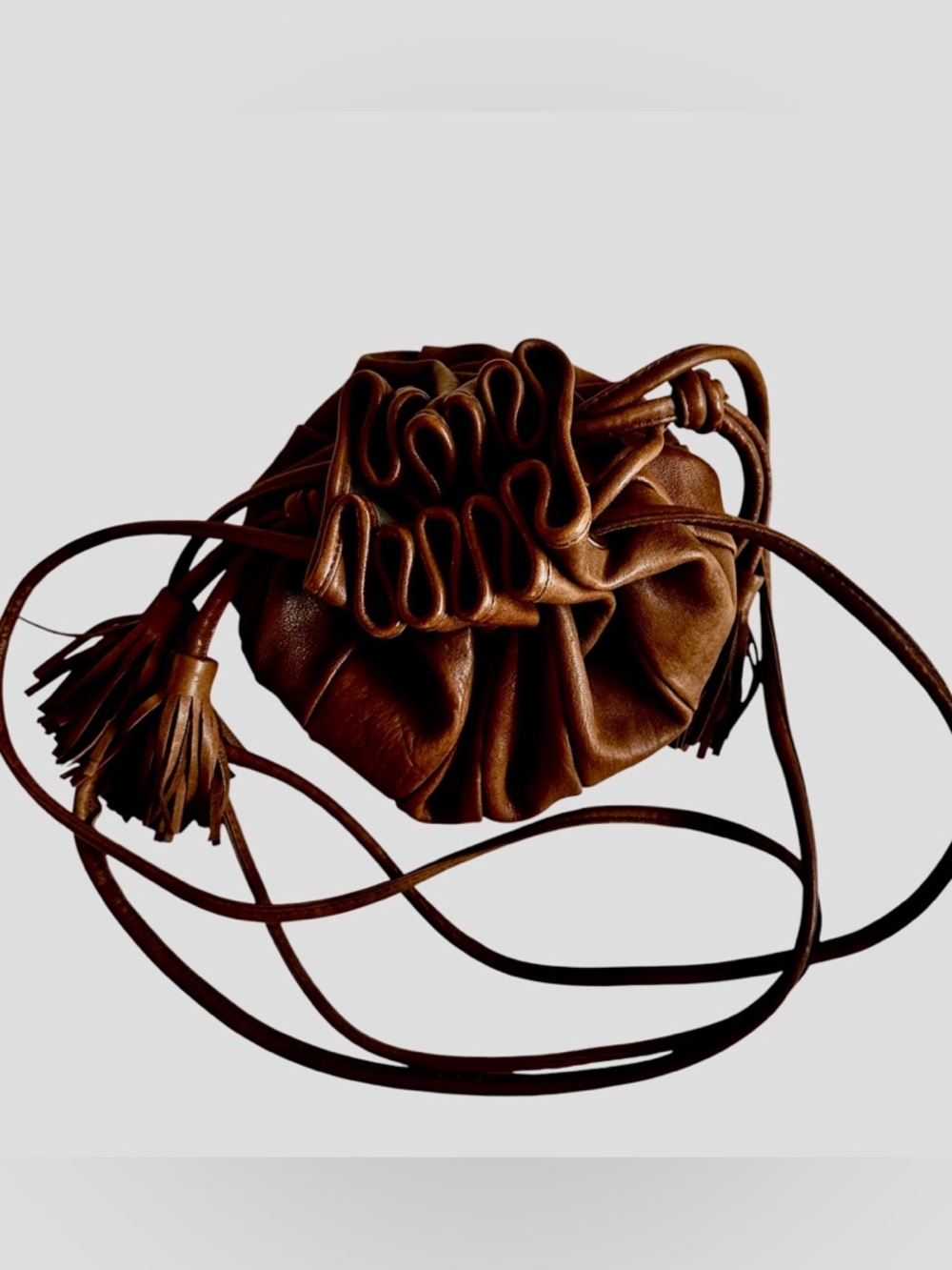 Rare Malababa Brown Drawstring Tassel Leather Bucket Bag - Women